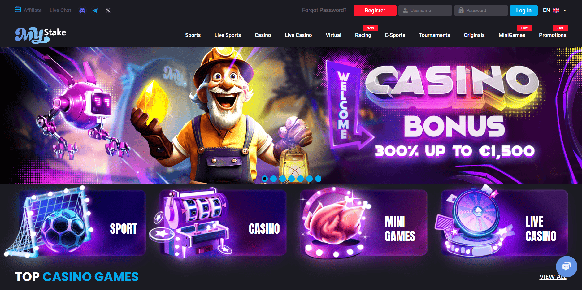 MyStake casino homepage showing its games and welcome offer